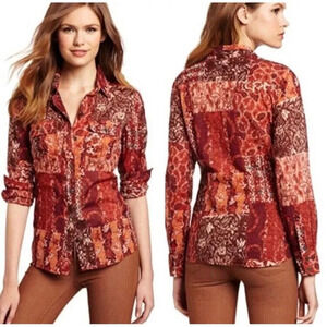 Lucky Brand Silk Mixed Print Floral Patchwork  Button Up Shirt Womens Small